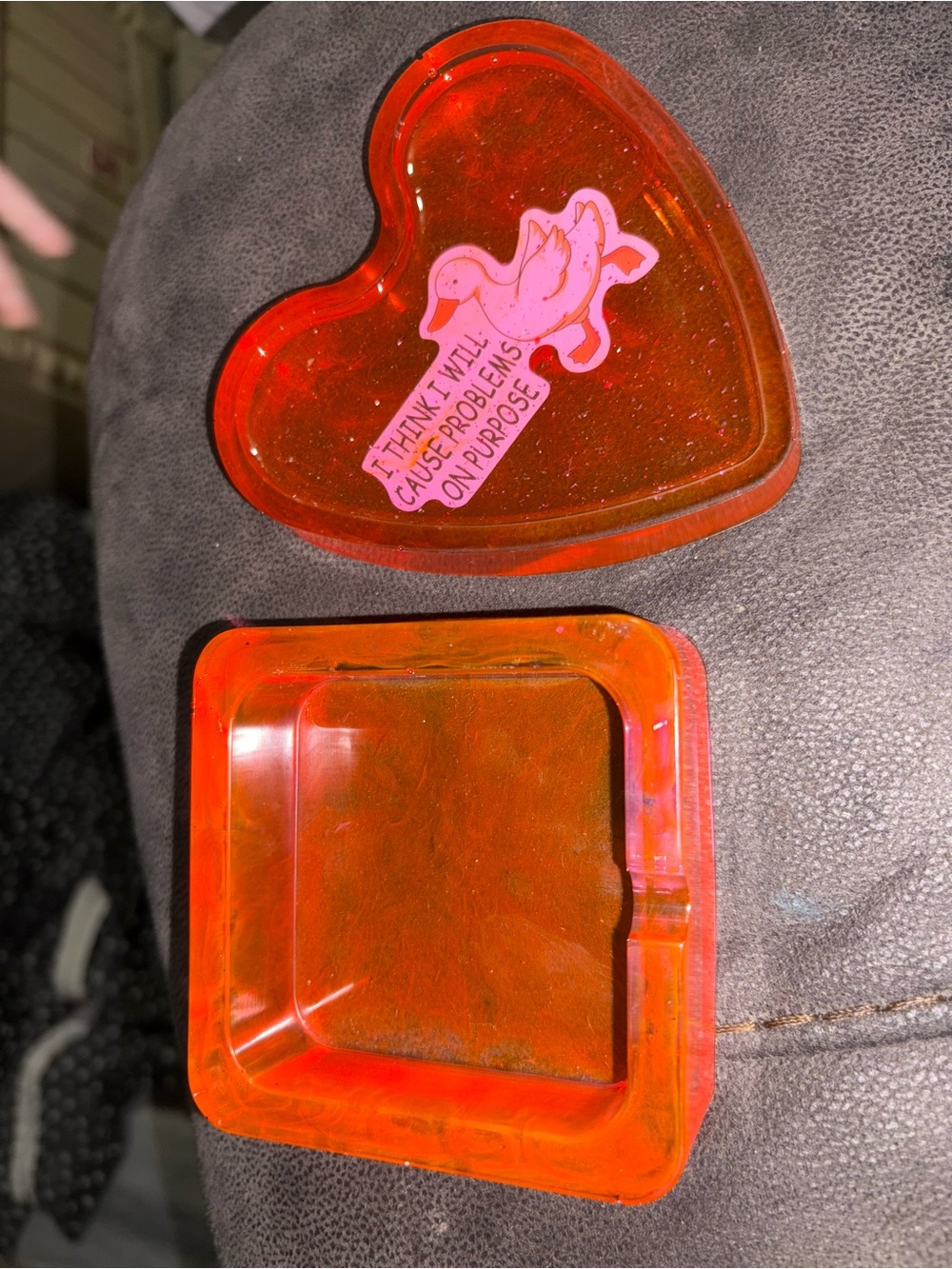 Handmadew epoxy resin ashtray and drink coaster set.